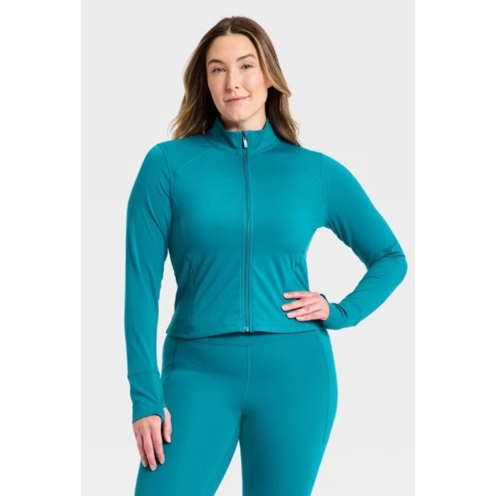 All in Motion Teal Blue Full Zip Performance Jacket Thumbholes Large
